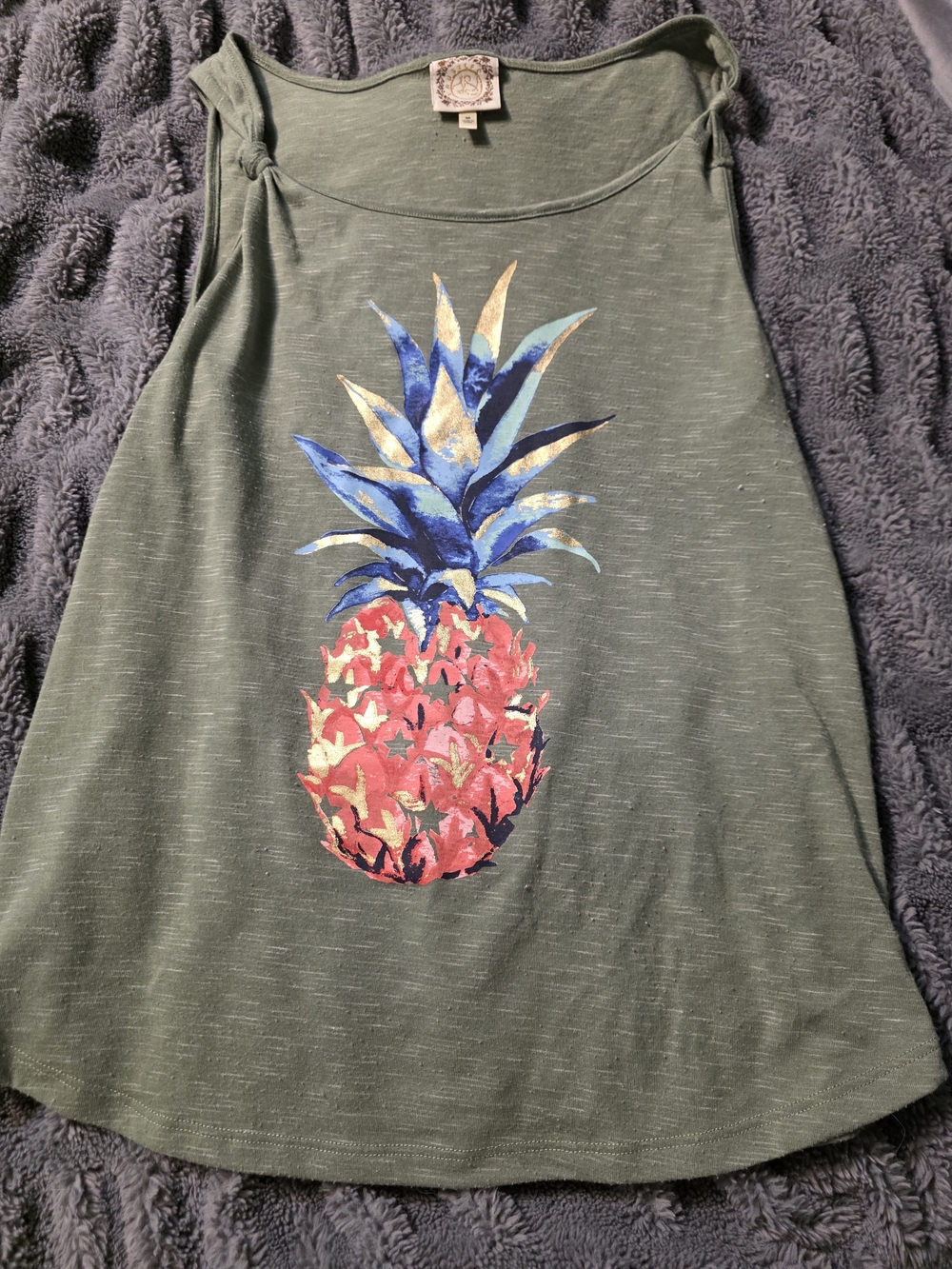 Rebecca Malone Olive Tank Top with Blue and Red Pineapple Print
